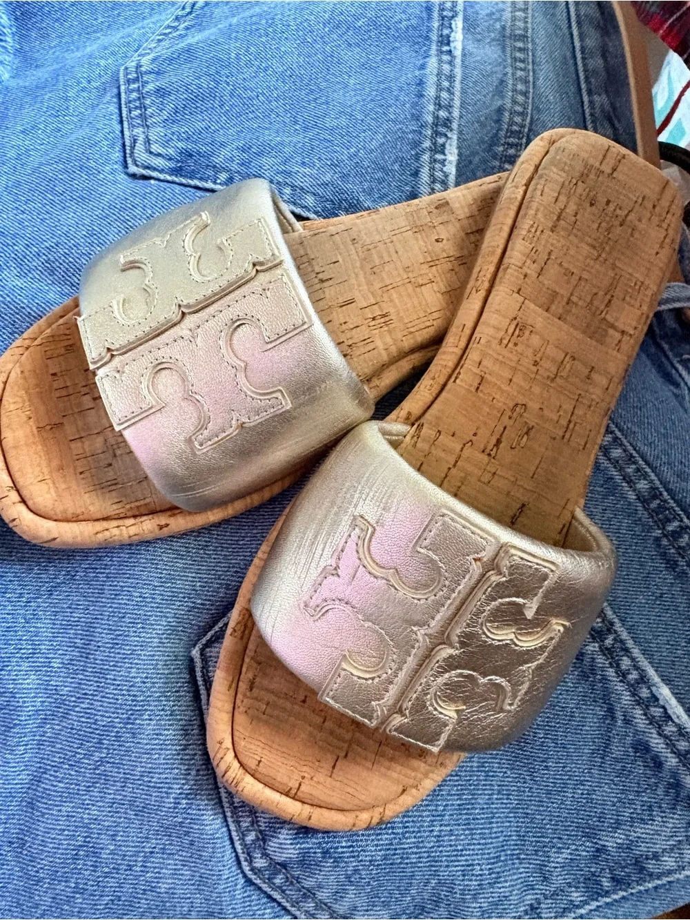 Tory Burch Silver Leather Cork Slide Sandals